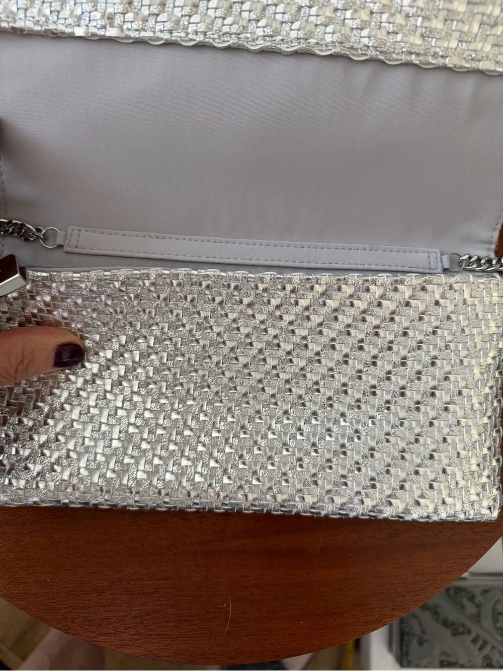 Sondra Roberts Silver Woven Metallic Clutch with Chain. Worn for one event.